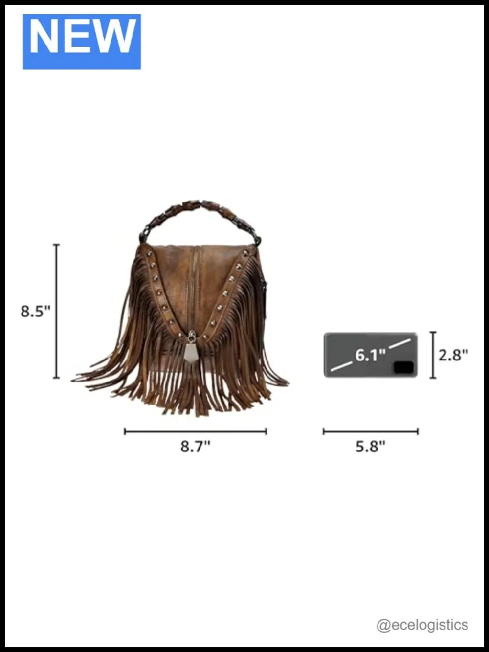 Women Leather Fringe Crossbody Bag Boho Bamboo Handle Studded Handbag